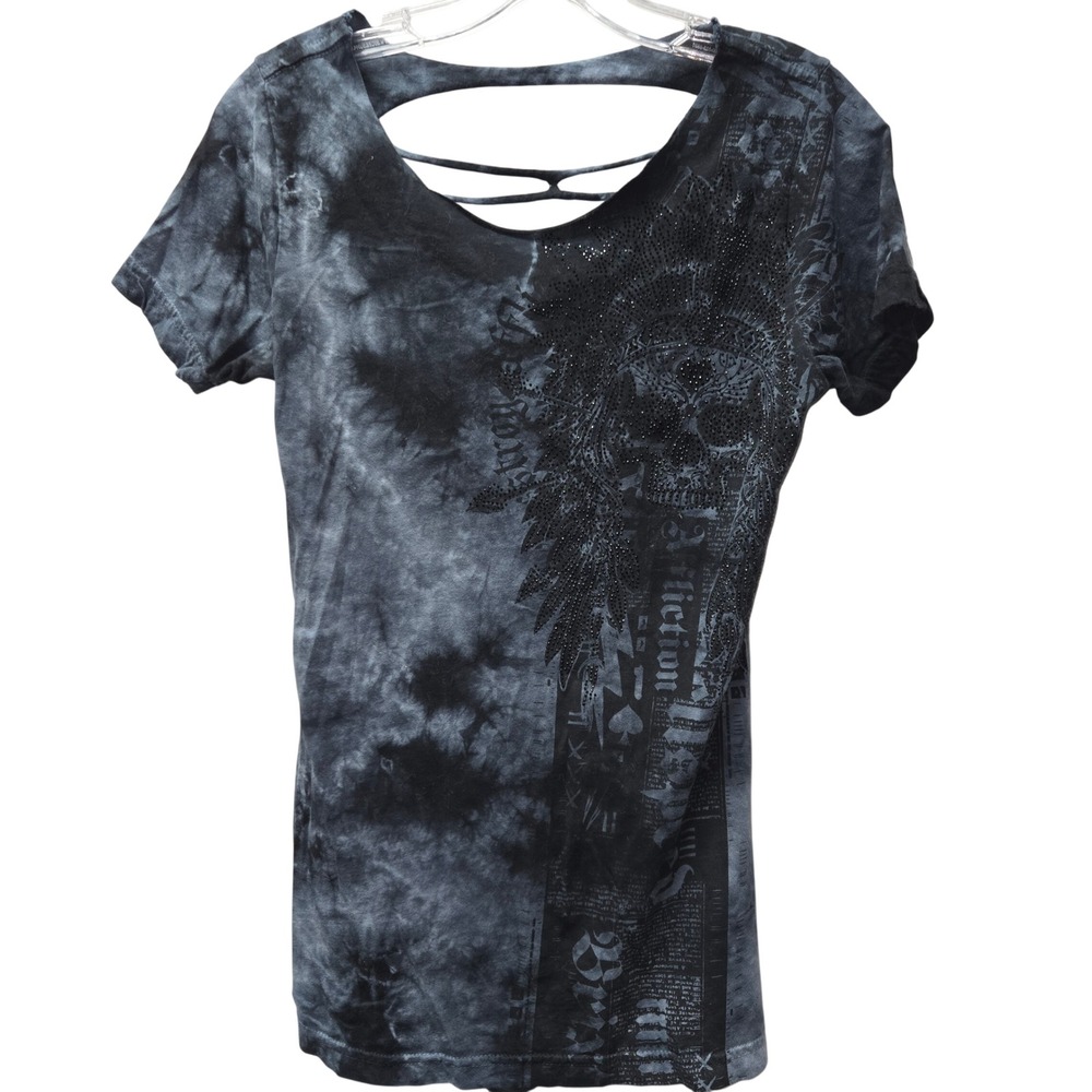Affliction Women Black Tie Dye Skull Rhinestone Ladder Back Graphic Tee